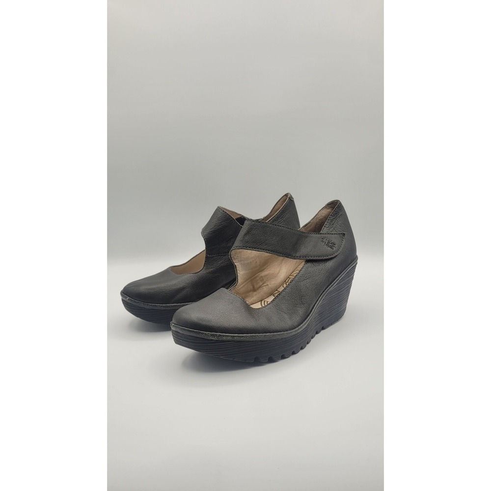FLY London Yasi Womens Mary Jane EU 41 Black Leather Wedge Comfort Shoe